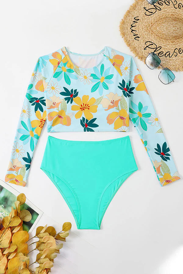 Floral Print Long Sleeve Two-Piece Rash Guard Set – Stylish Coverage for Active Days