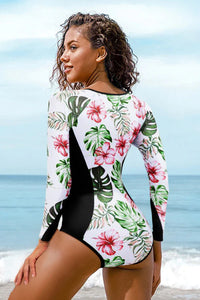 Thumbnail for White Long Sleeve Floral Print Zip UPF50+ Rash Guard