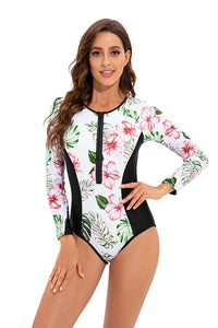 Thumbnail for White Long Sleeve Floral Print Zip UPF50+ Rash Guard