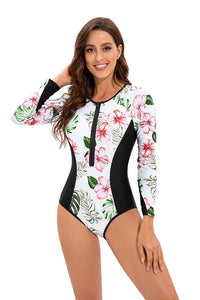 Thumbnail for White Long Sleeve Floral Print Zip UPF50+ Rash Guard