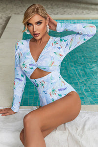 Thumbnail for Floral Print Twist Front One Piece Rash Guard – UPF 50+ Protection