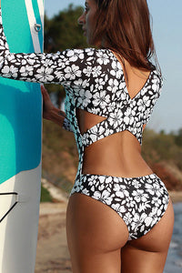 Thumbnail for Black Disty Floral Cut Out Long Sleeve Zip UPF50+ Rash Guard