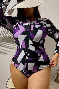 Thumbnail for Plus Size Irregular Geometric Purple Print Long Sleeve Swimsuit