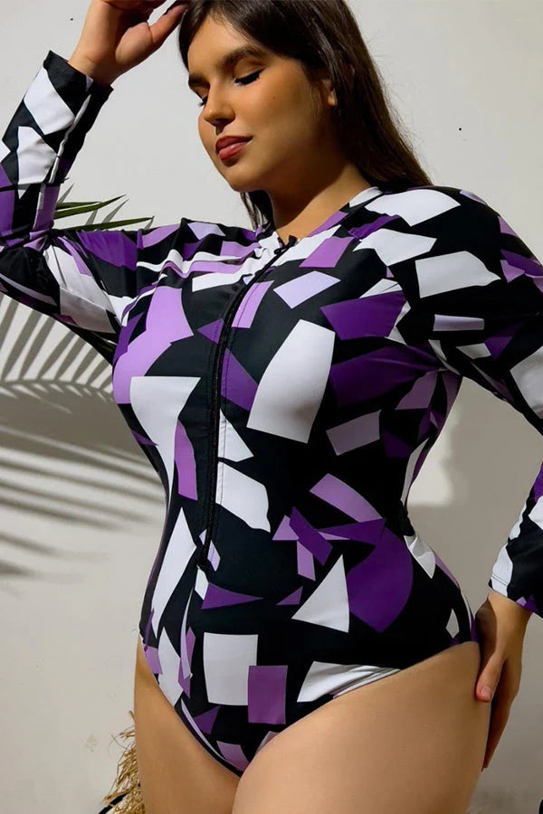 Plus Size Irregular Geometric Purple Print Long Sleeve Swimsuit
