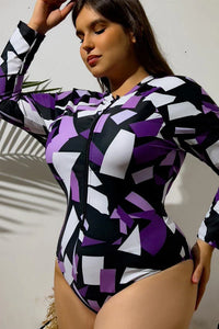 Thumbnail for Plus Size Irregular Geometric Purple Print Long Sleeve Swimsuit