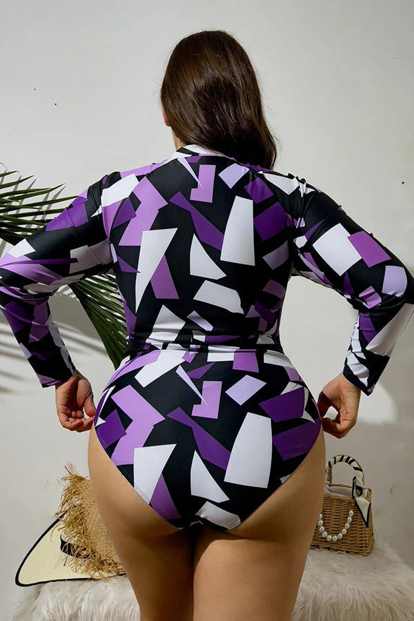 Plus Size Irregular Geometric Purple Print Long Sleeve Swimsuit