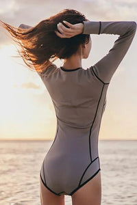 Thumbnail for Slimming Gray Long Sleeve Zipper Triangle One-Piece