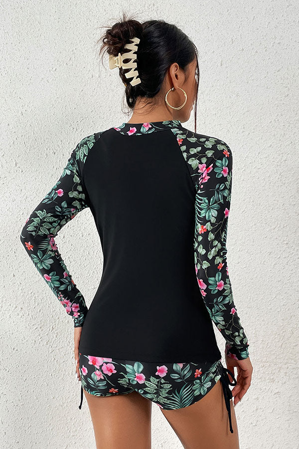 Floral Print Zip Front Long Sleeve Rash Guard – Stylish Protection with Comfort
