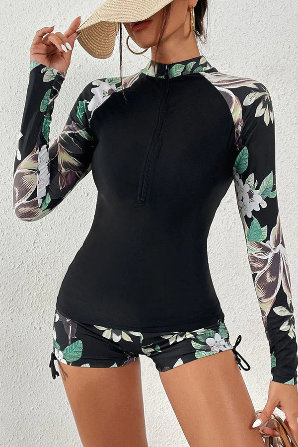 Floral Print Zip Front Long Sleeve Rash Guard – Stylish Protection with Comfort