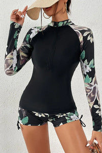 Thumbnail for Floral Print Zip Front Long Sleeve Rash Guard – Stylish Protection with Comfort
