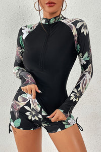 Thumbnail for Floral Print Zip Front Long Sleeve Rash Guard – Stylish Protection with Comfort