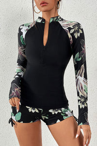 Thumbnail for Floral Print Zip Front Long Sleeve Rash Guard – Stylish Protection with Comfort