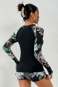 Thumbnail for Floral Print Zip Front Long Sleeve Rash Guard – Stylish Protection with Comfort