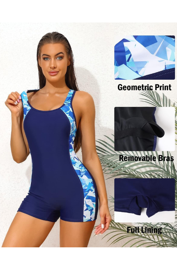 Women's Boyleg One-Piece Athletic Swimsuit – Racerback Water Aerobics Swimwear