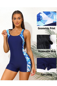 Thumbnail for Women's Boyleg One-Piece Athletic Swimsuit – Racerback Water Aerobics Swimwear