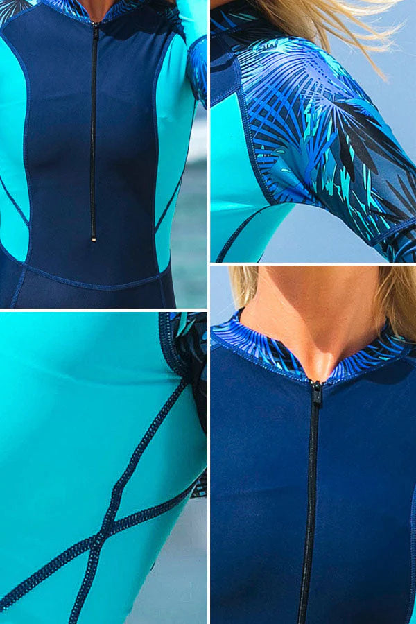 Blue Print Spliced Front Zip Long Sleeve Spring Suit Wetsuit Rash Guard