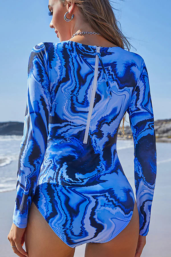 Marble Print Zip Back One-Piece Rash Guard – UPF 50+ Protection