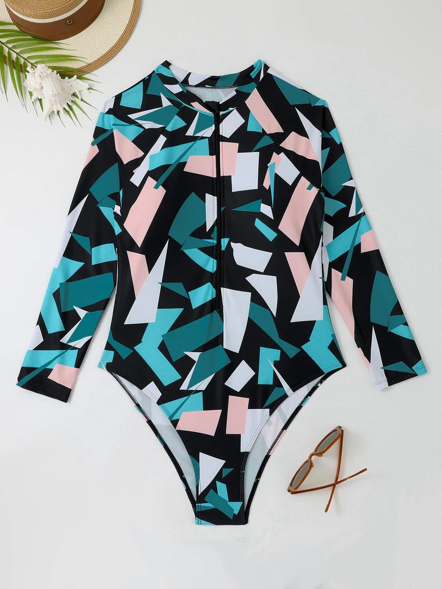 Plus Size Irregular Geometric Blue Print Long Sleeve Swimsuit