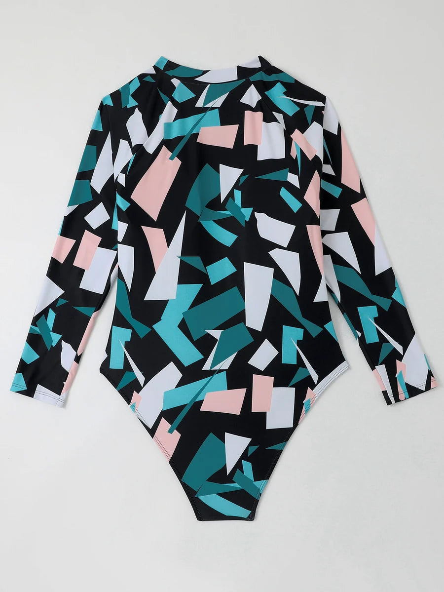 Plus Size Irregular Geometric Blue Print Long Sleeve Swimsuit