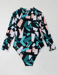 Thumbnail for Plus Size Irregular Geometric Blue Print Long Sleeve Swimsuit