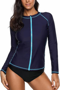 Thumbnail for SunSafe Women's Solid Color Zip-Front Rashguard Swim Shirt - Navy