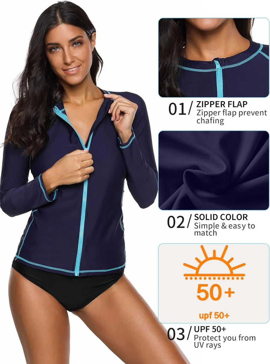 SunSafe Women's Solid Color Zip-Front Rashguard Swim Shirt - Navy