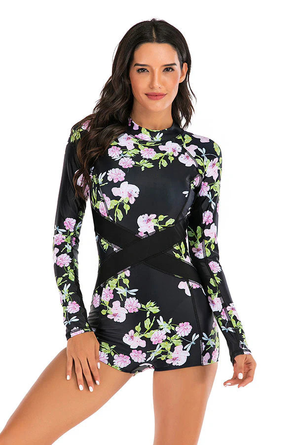 Clearance  Black Floral Boyleg Zip Long Sleeve UPF50+ Rash Guard