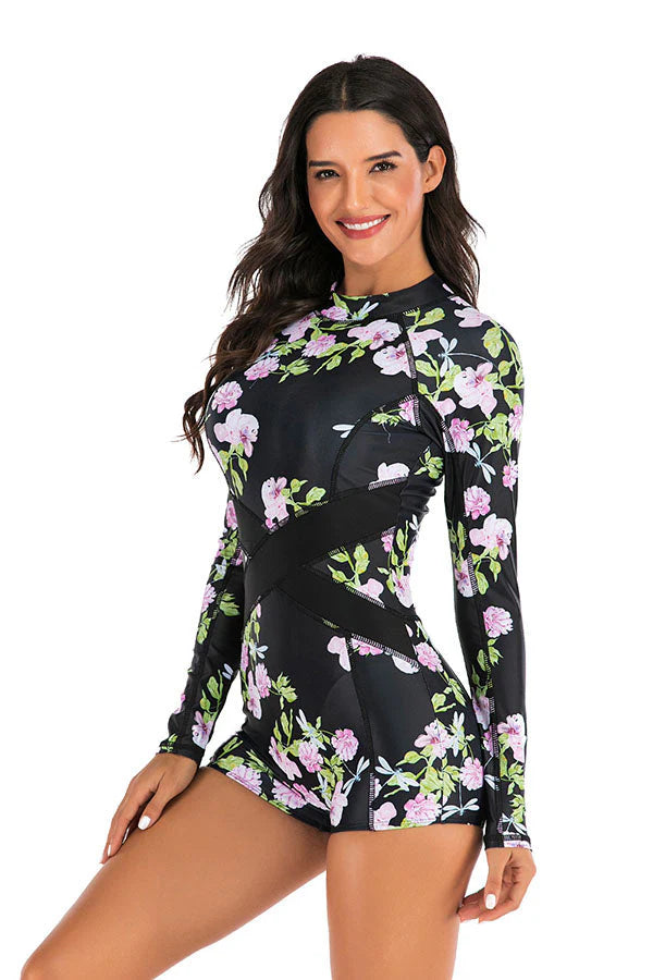 Clearance  Black Floral Boyleg Zip Long Sleeve UPF50+ Rash Guard