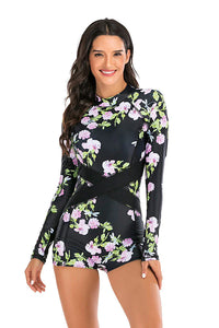 Thumbnail for Clearance  Black Floral Boyleg Zip Long Sleeve UPF50+ Rash Guard