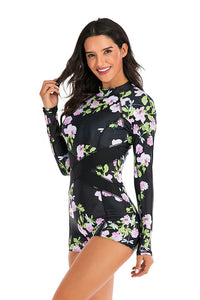 Thumbnail for Clearance  Black Floral Boyleg Zip Long Sleeve UPF50+ Rash Guard