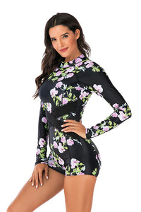 Thumbnail for Clearance  Black Floral Boyleg Zip Long Sleeve UPF50+ Rash Guard