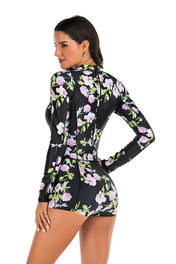Clearance  Black Floral Boyleg Zip Long Sleeve UPF50+ Rash Guard
