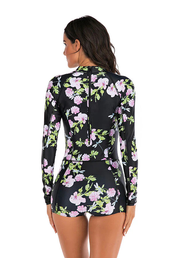 Clearance  Black Floral Boyleg Zip Long Sleeve UPF50+ Rash Guard