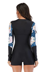 Thumbnail for Black Floral Panel Boyleg Zip Long Sleeve UPF50+ Rash Guard