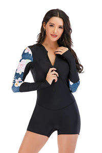 Thumbnail for Black Floral Panel Boyleg Zip Long Sleeve UPF50+ Rash Guard