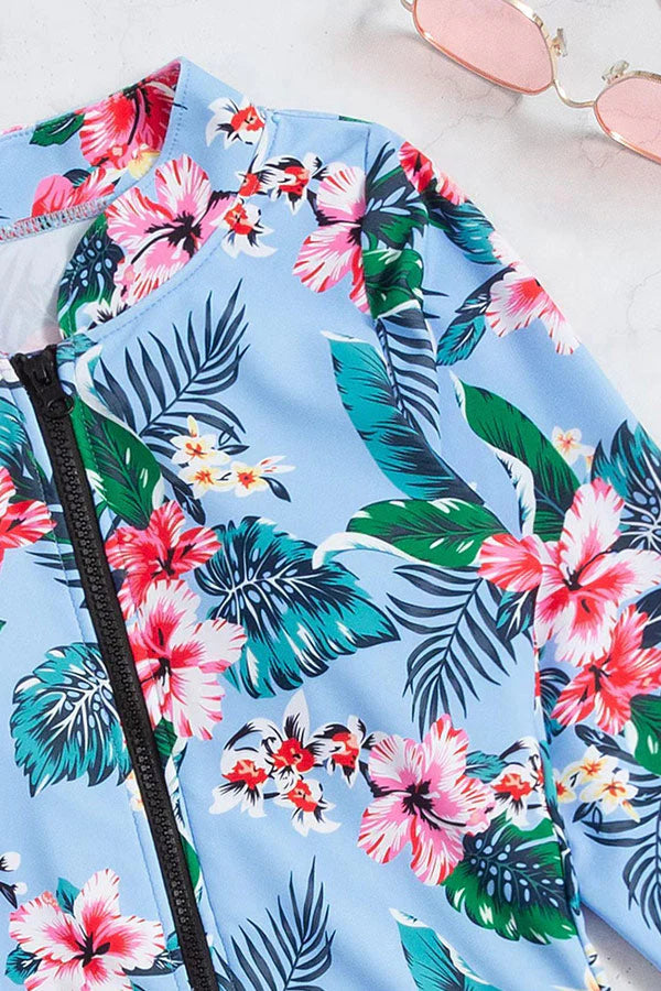 Clearance  Floral & Leaf Print Zip Front Long Sleeve Rash Guard – Graceful Protection Meets Performance