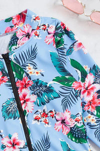 Thumbnail for Clearance  Floral & Leaf Print Zip Front Long Sleeve Rash Guard – Graceful Protection Meets Performance