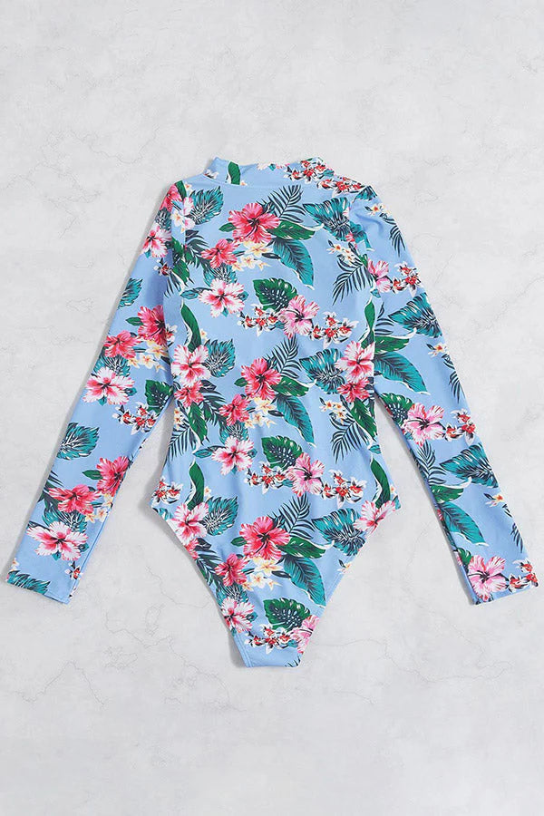 Clearance  Floral & Leaf Print Zip Front Long Sleeve Rash Guard – Graceful Protection Meets Performance