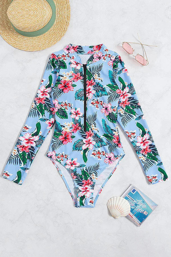 Clearance  Floral & Leaf Print Zip Front Long Sleeve Rash Guard – Graceful Protection Meets Performance