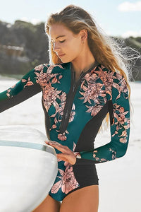 Thumbnail for Green Floral Long Sleeve Half Zip UPF50+ Rash Guard