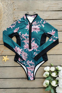 Thumbnail for Green Floral Long Sleeve Half Zip UPF50+ Rash Guard