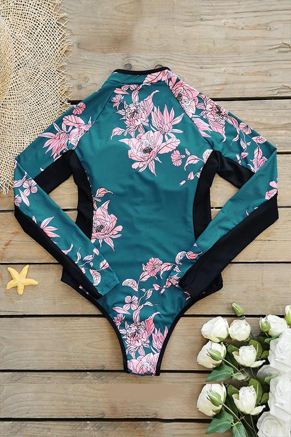 Green Floral Long Sleeve Half Zip UPF50+ Rash Guard