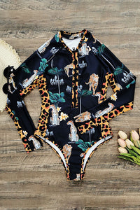 Thumbnail for Leopard Print Long Sleeve Half Zip UPF50+ Rash Guard
