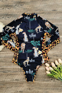 Thumbnail for Leopard Print Long Sleeve Half Zip UPF50+ Rash Guard